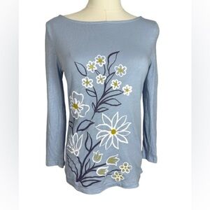 LOFT Light Blue Long-Sleeve Floral Knit Top